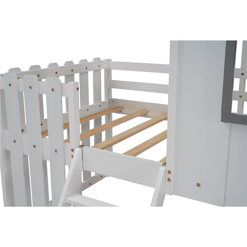 Twin Size Wooden Loft Bed Frame with FenceShaped Guardrail White