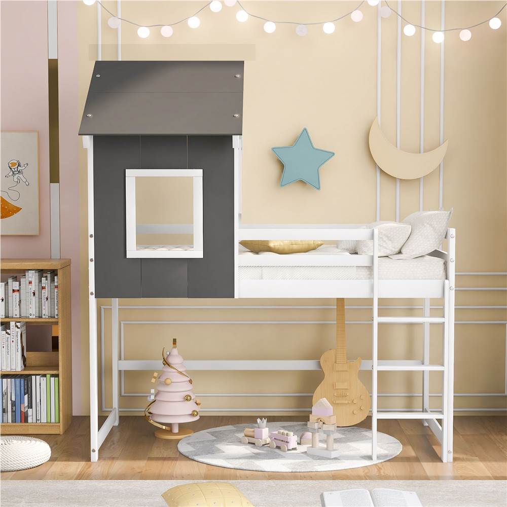 Twin Size Wooden Loft Bed Frame with Roof and Wooden Slats Support, Space-saving Design, No Need for Spring Box - Gray + White