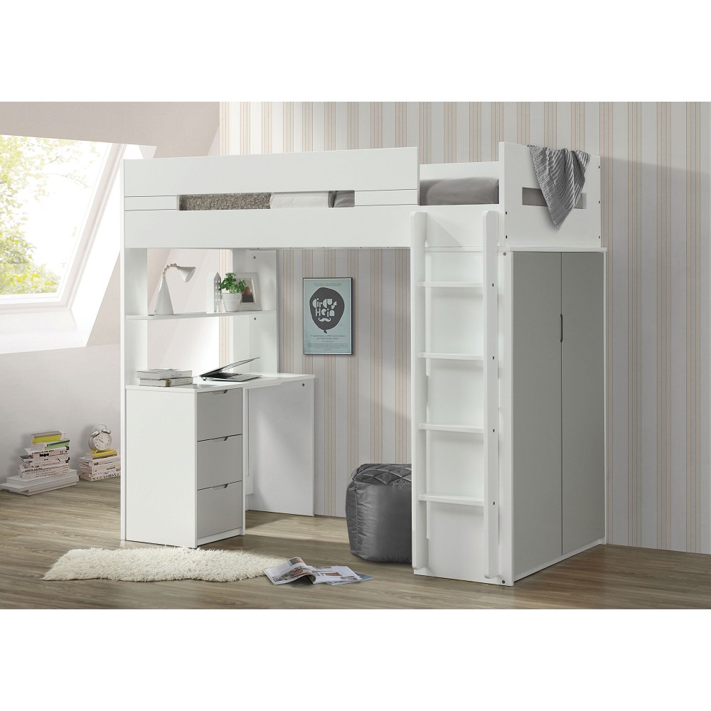 ACME Twin Size Wooden Loft Bed Frame with Desk and Storage Cabinet, Space-saving Design, No Need for Spring Box - White + Gray