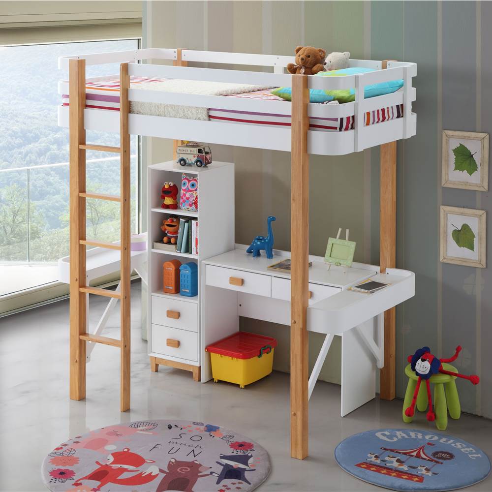 

ACME Twin Size Wooden Loft Bed Frame with Tables and Storage Cabinets, Space-saving Design, No Need for Spring Box - White + Brown