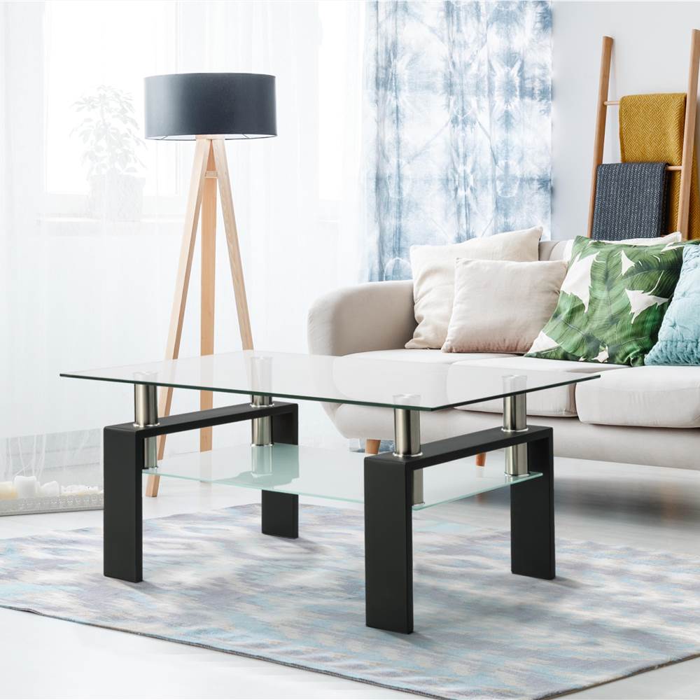 

39.4'' 2-Layer Rectangle Glass Coffee Table, for Kitchen, Restaurant, Office, Living Room, Cafe - Black