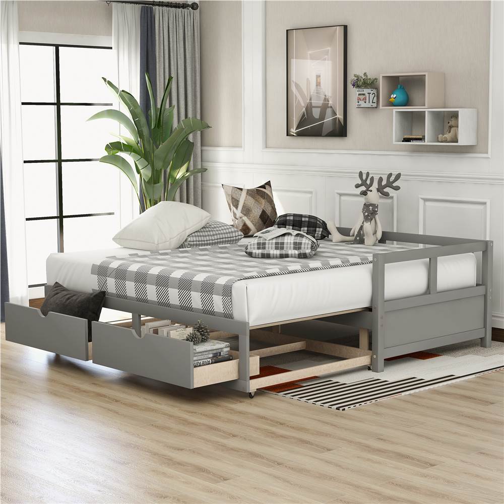 

78.2" Twin Size Wooden Daybed with Trundle Bed and 2 Storage Drawers, No Need for Spring Box, for Living Room, Bedroom, Office, Apartment - Gray