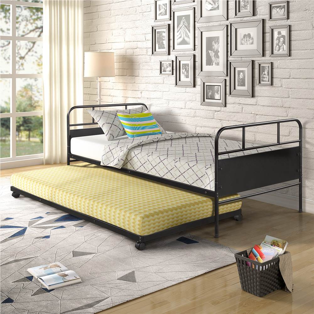 Twin Size Metal Daybed Frame with Trundle Bed and Metal Slats Support, No Need for Spring Box, for Living Room, Bedroom, Office, Apartment - Black