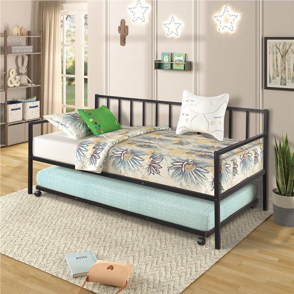 

Twin Size Metal Daybed Frame with Trundle Bed and Metal Slats Support, No Need for Spring Box, for Living Room, Bedroom, Office, Apartment - Black