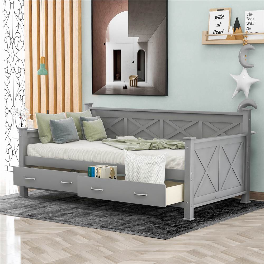 Twin Size Rustic Style Wooden Daybed Frame with 2 Storage Drawers and Wooden Slats Support, No Need for Spring Box, for Living Room, Bedroom, Office, Apartment - Gray