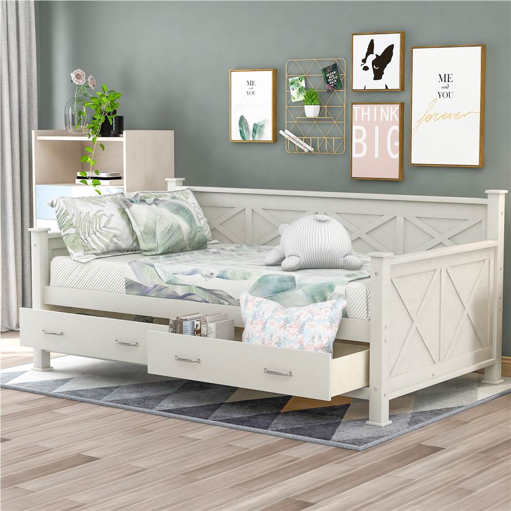 Twin Size Rustic Style Wooden Daybed Frame with 2 Storage Drawers and Wooden Slats Support, No Need for Spring Box, for Living Room, Bedroom, Office, Apartment - White