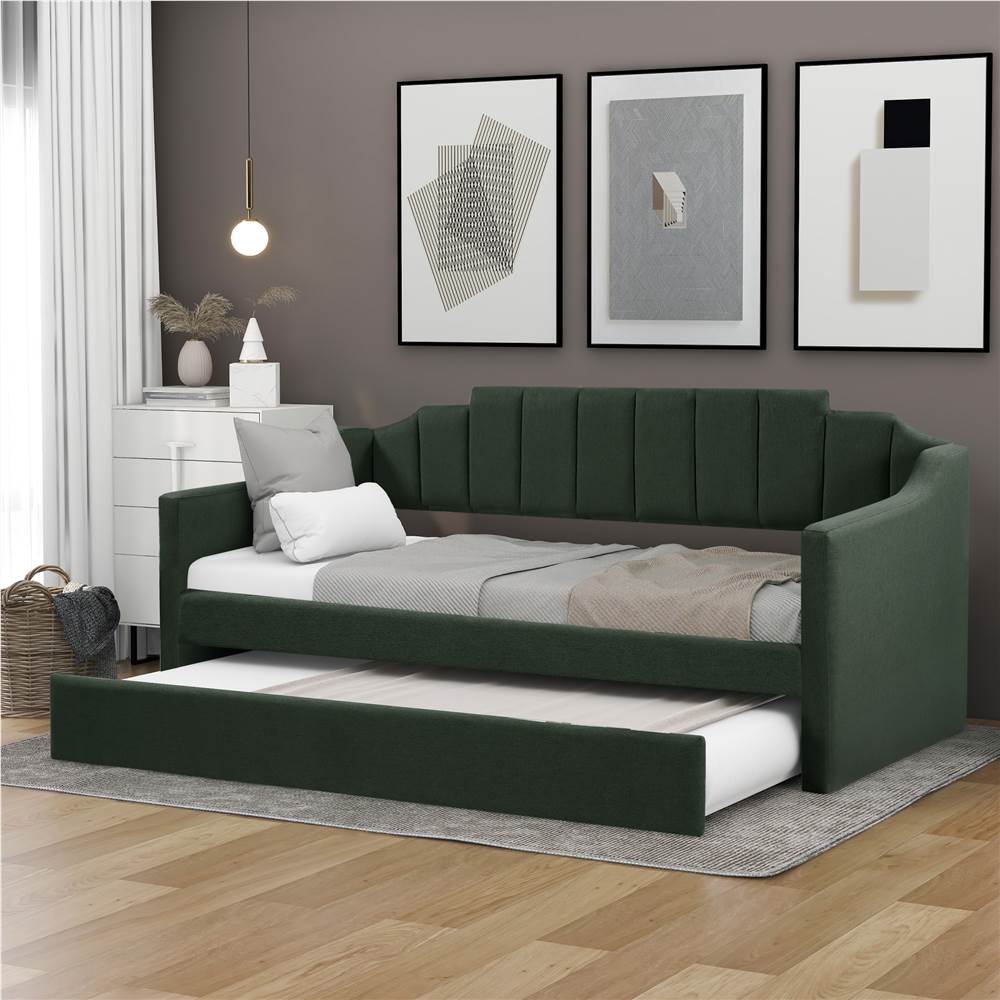 

Twin Size Polyester Daybed Frame with Trundle Bed and Wooden Slats Support, No Need for Spring Box, for Living Room, Bedroom, Office, Apartment - Green