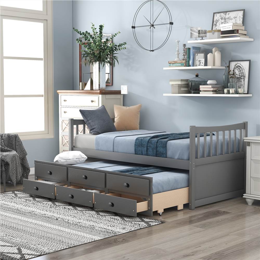 

Twin Size Wooden Daybed Frame with Trundle Bed and 3 Storage Drawers, No Need for Spring Box, for Living Room, Bedroom, Office, Apartment - Gray