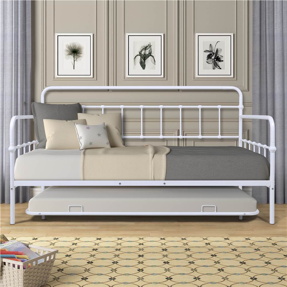 

Twin Size Metal Daybed Frame with Trundle Bed and Metal Slats Support, No Need for Spring Box, for Living Room, Bedroom, Office, Apartment - White