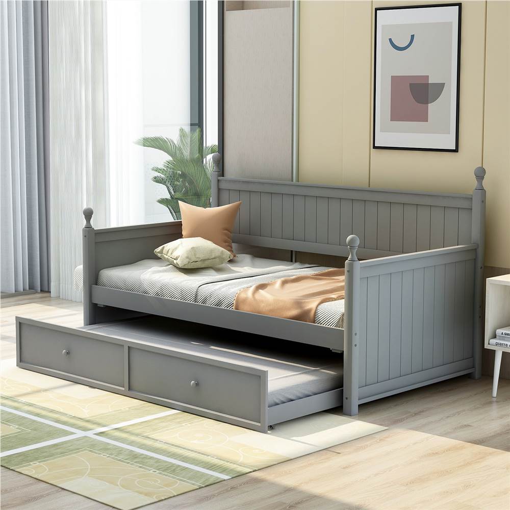 

Twin Size Wooden Daybed Frame with Trundle Bed and Wooden Slats Support, No Need for Spring Box, for Living Room, Bedroom, Office, Apartment - Gray