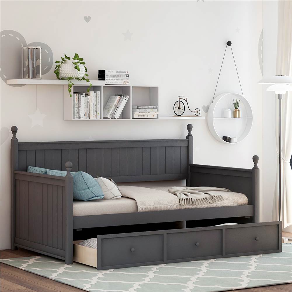 

Twin Size Wooden Daybed Frame with 3 Storage Drawers and Wooden Slats Support, No Need for Spring Box, for Living Room, Bedroom, Office, Apartment - Gray