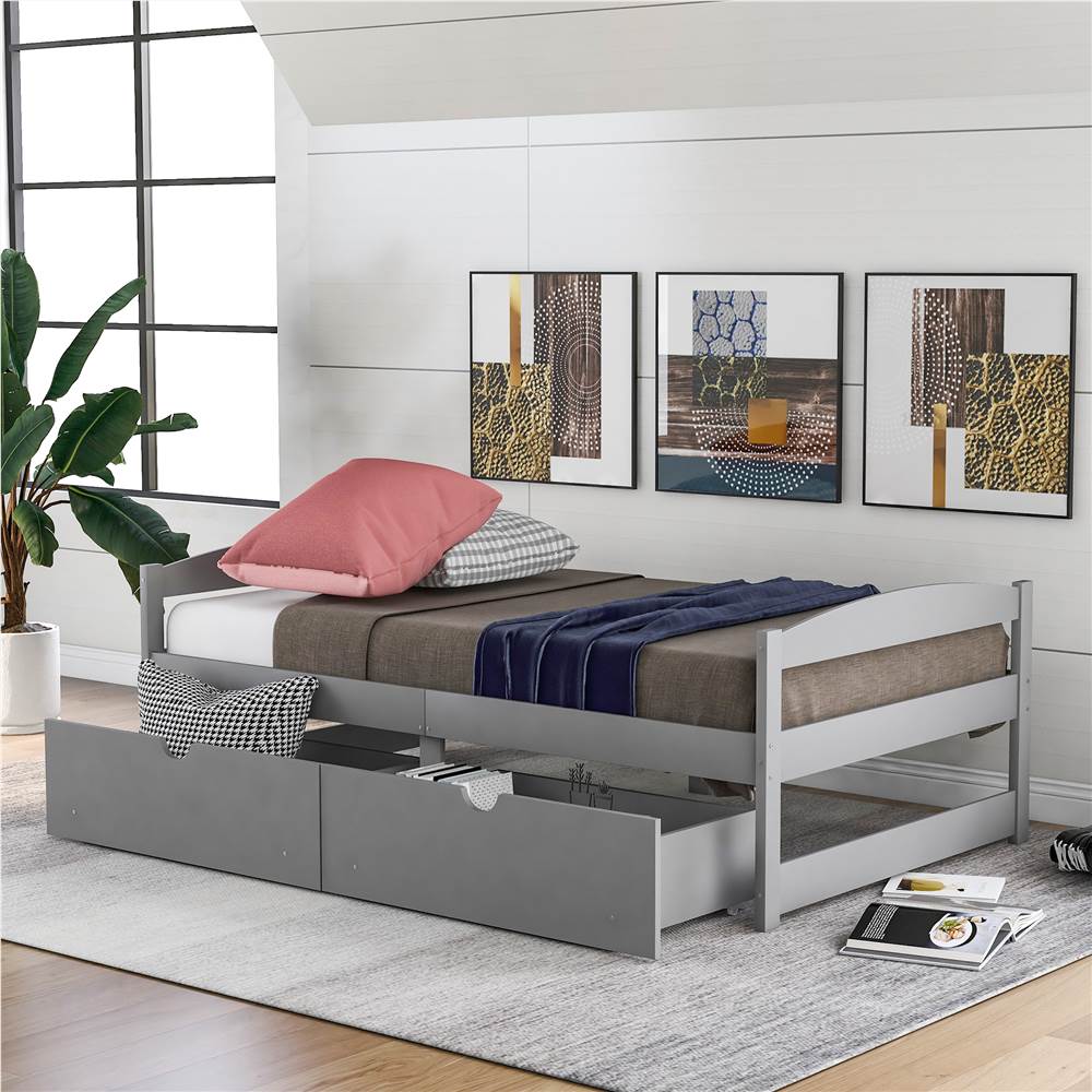 

Twin Size Wooden Platform Bed Frame with 2 Storage Drawers, and Wooden Slats Support, No Spring Box Required - Gray