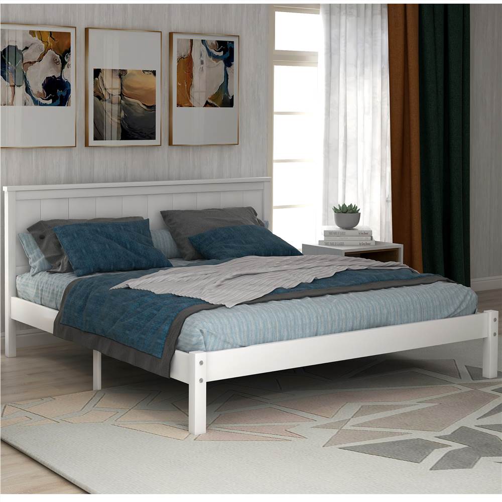 

Full Size Wooden Platform Bed Frame with Headboard, and Wooden Slats Support, No Spring Box Required (Frame Only) - White