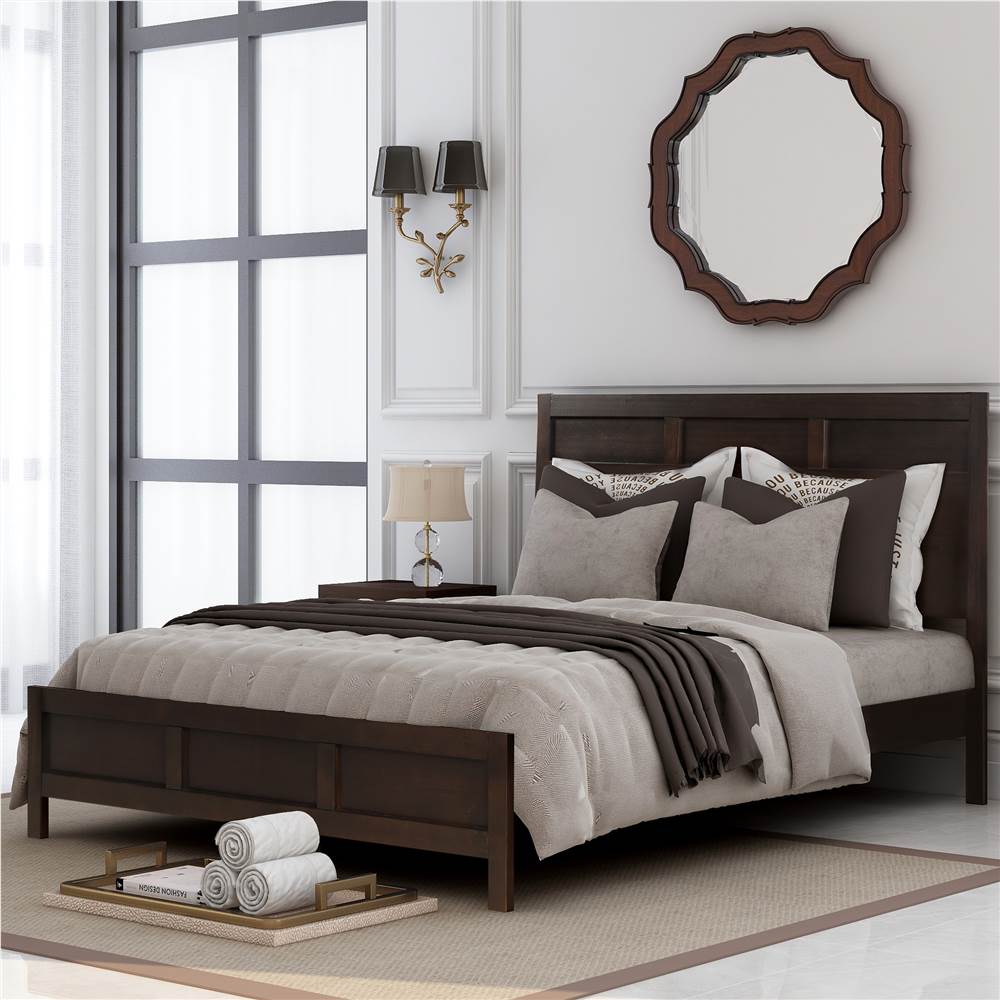 Queen Size Wooden Platform Bed Frame with Headboard, and Wooden Slats Support, No Spring Box Required (Frame Only) - Brown
