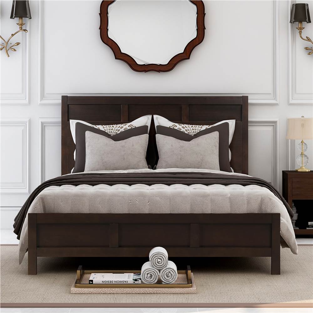 Queen Size Wooden Platform Bed Frame With Headboard Brown