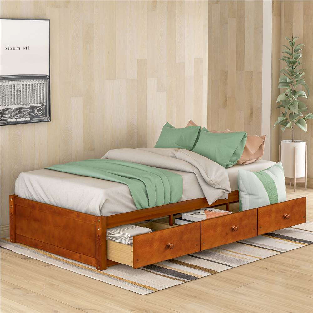Orisfur Twin Size Wooden Platform Bed Frame with 3 Storage Drawers, and Wooden Slats Support, No Spring Box Required (Frame Only) - Oak