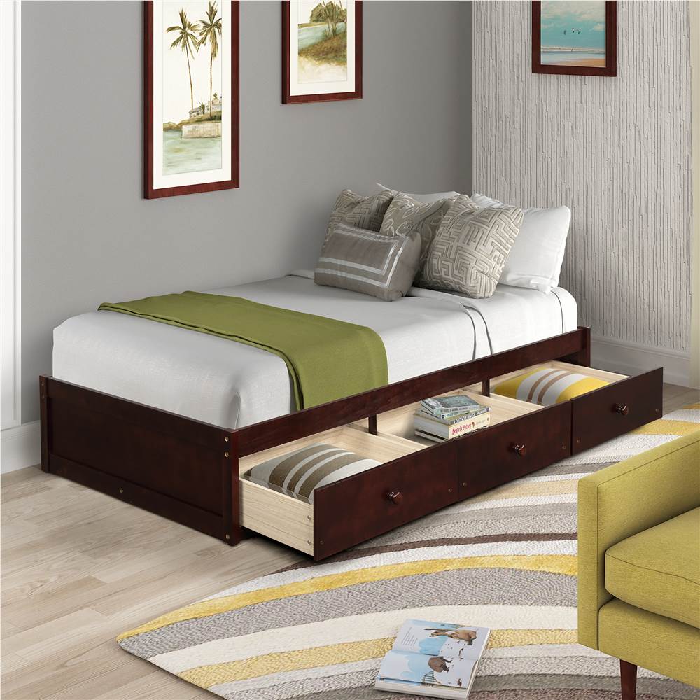 Orisfur Twin Size Wooden Platform Bed Frame with 3 Storage Drawers, and Wooden Slats Support, No Spring Box Required (Frame Only) - Cherry