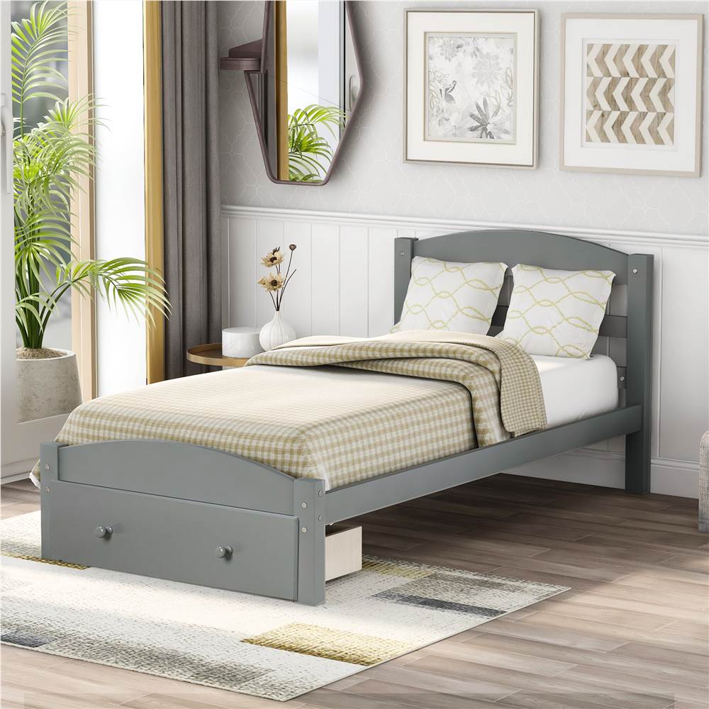 Twin Size Wooden Platform Bed Frame with Storage Drawer, and Wooden Slats Support, No Spring Box Required (Frame Only) - Gray