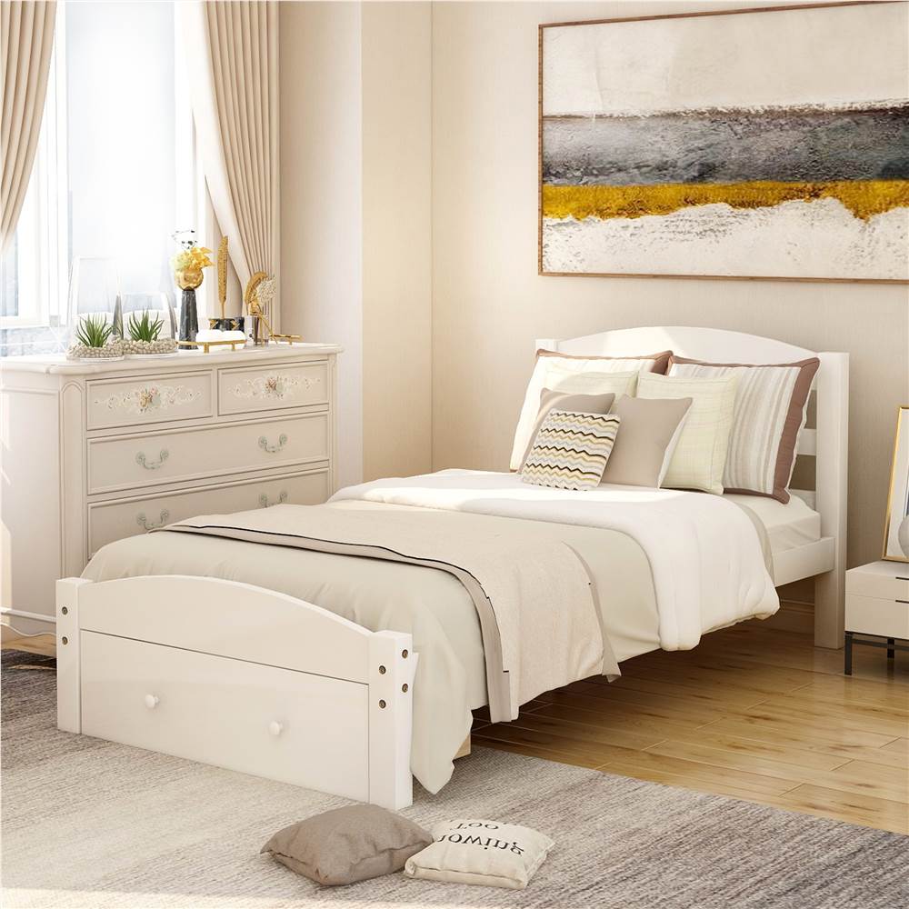Twin Size Wooden Platform Bed Frame with Storage Drawer, and Wooden Slats Support, No Spring Box Required (Frame Only) - White