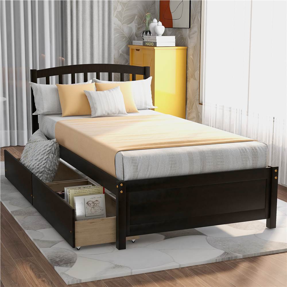 

Twin Size Wooden Platform Bed Frame with 2 Storage Drawers, and Wooden Slats Support, No Spring Box Required (Frame Only) - Espresso