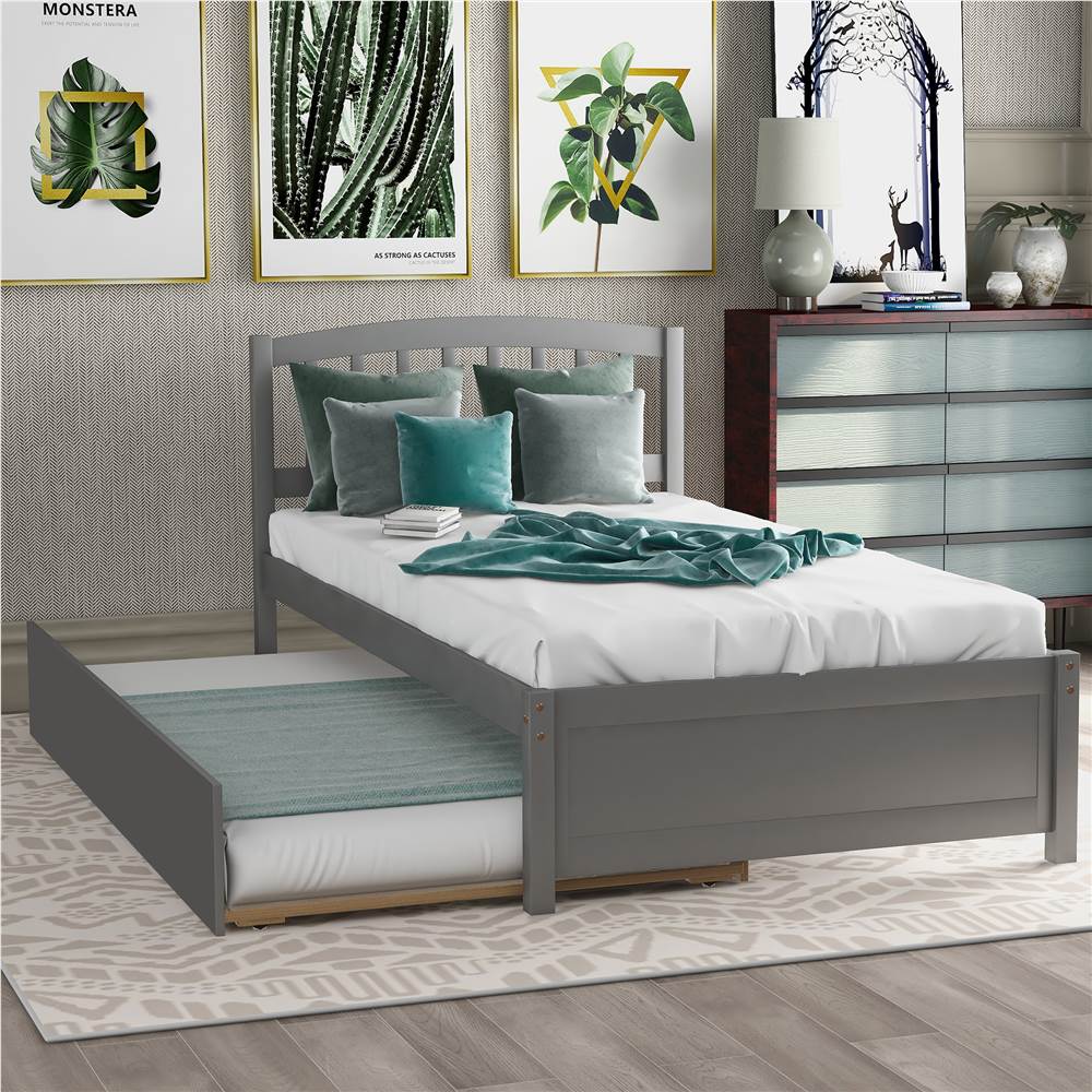Twin Size Wooden Platform Bed Frame with Trundle Bed, and Wooden Slats Support, No Spring Box Required (Frame Only) - Gray