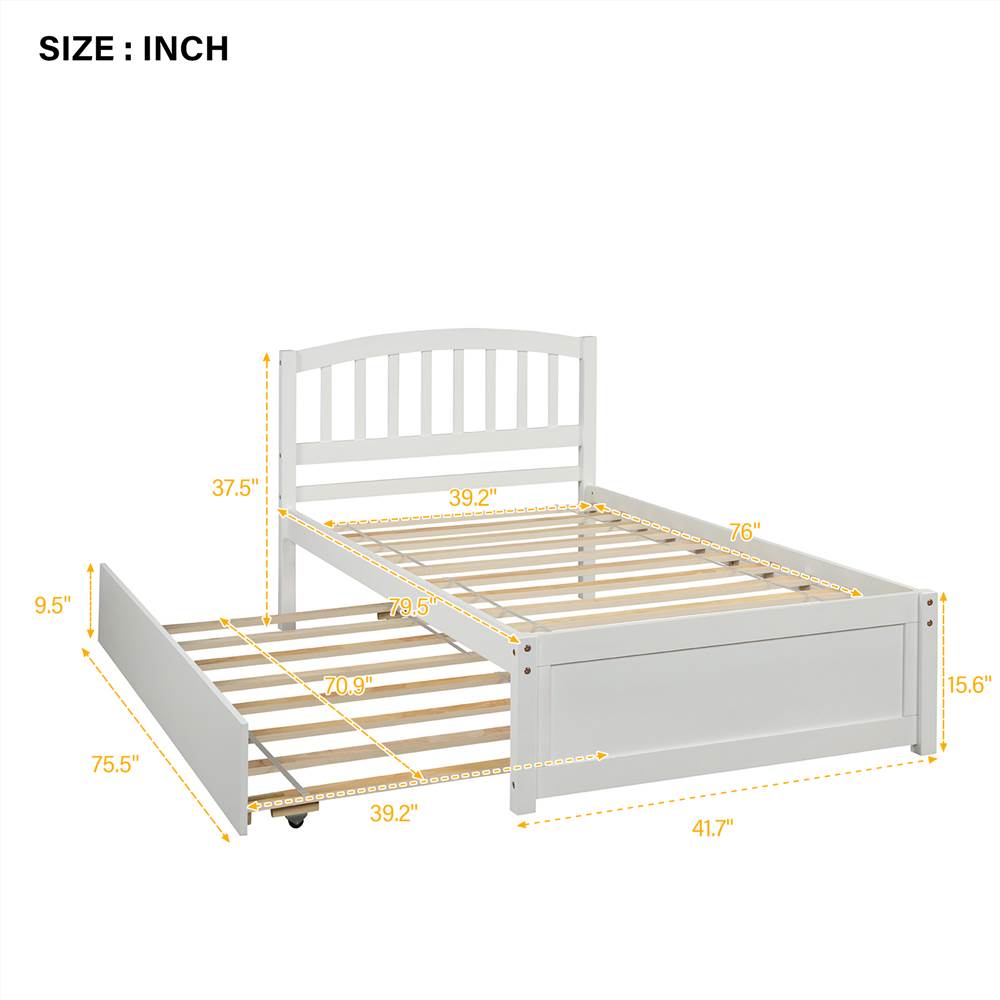 Twin Size Wooden Platform Bed Frame with Trundle Bed White | United States