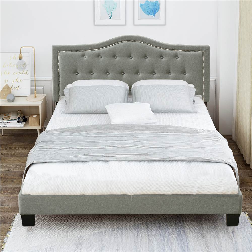

Queen Size Upholstered Platform Bed Frame with Tufted Headboard, and Wooden Slats Support, Spring Box Required (Frame Only) - Gray