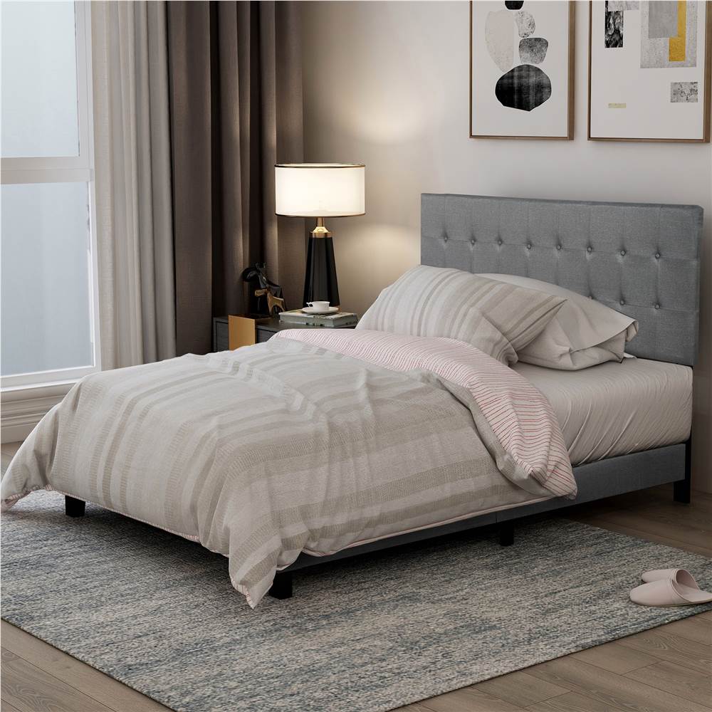 

Full Size Linen Upholstered Platform Bed Frame with Headboard, and Wooden Slats Support, Spring Box Required (Frame Only) - Gray