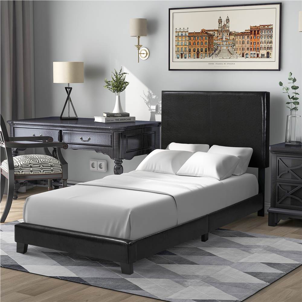 

Vienna Twin Size Faux Leather Upholstered Platform Bed Frame with Headboard, Spring Box Required (Frame Only) - Black