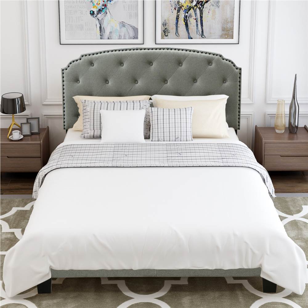 

Queen Size Linen Upholstered Platform Bed Frame with Headboard, and Wooden Slats Support, Spring Box Required (Frame Only) - Gray