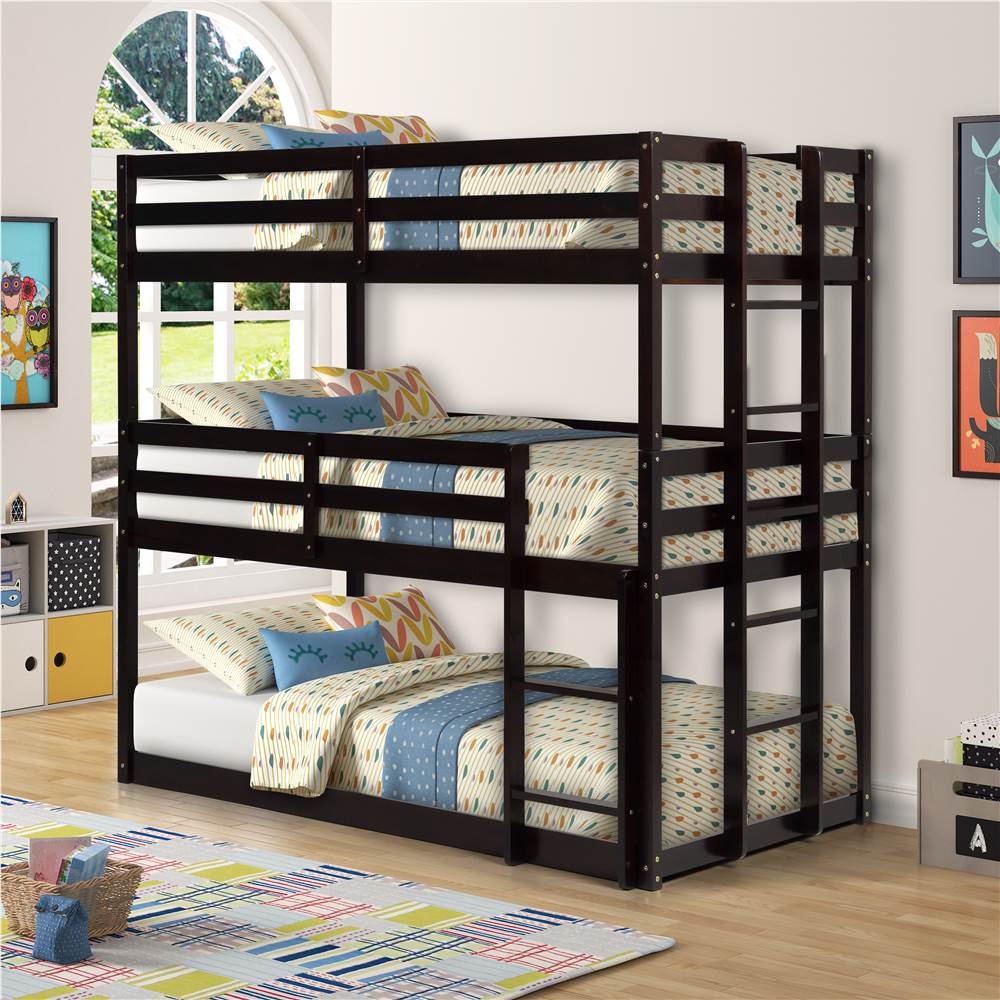 

Twin-Twin-Twin Size Detachable Triple Bed Frame with Ladders, and Wooden Slats Support, No Spring Box Required (Frame Only) - Espresso