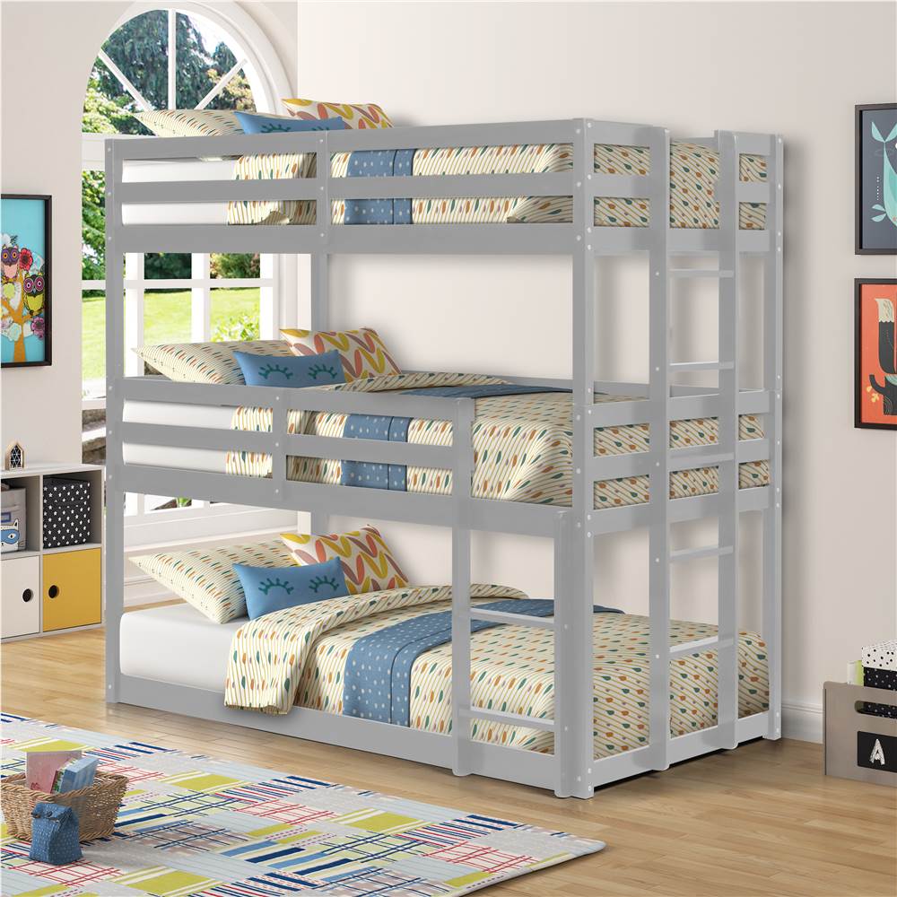 

Twin-Twin-Twin Size Detachable Triple Bed Frame with Ladders, and Wooden Slats Support, No Spring Box Required (Frame Only) - Gray