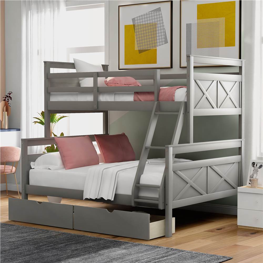 

Twin-Over-Full Size Bunk Bed Frame with 2 Storage Drawers, and Wooden Slats Support, No Spring Box Required (Frame Only) - Gray