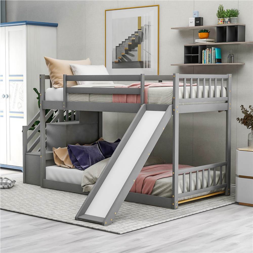 Twin-Over-Twin Size Stairway Bunk Bed Frame with Convertible Slide, and Wooden Slats Support, No Spring Box Required (Frame Only) - Gray