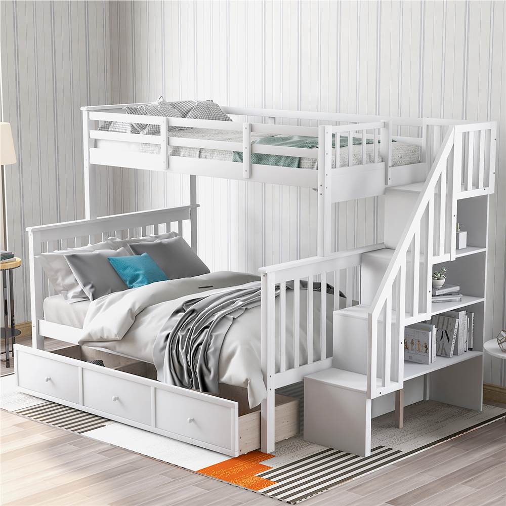 TwinOverFull Size Stairway Bunk Bed Frame with Storage Drawer White