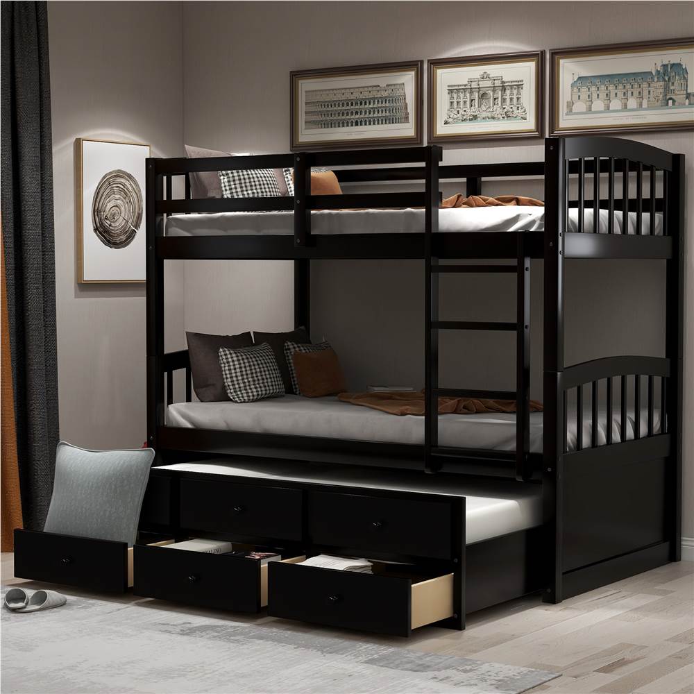 

Twin-Over-Twin Size Bunk Bed Frame with Trundle Bed, and 3 Storage Drawers, No Spring Box Required (Frame Only) - Espresso