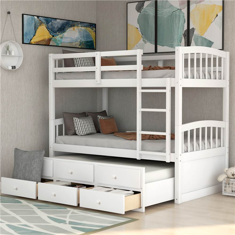 Twin-Over-Twin Size Bunk Bed Frame with Trundle Bed, and 3 Storage Drawers, No Spring Box Required (Frame Only) - White