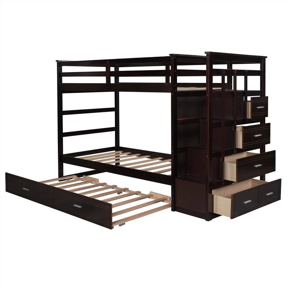 

Twin-Over-Twin Size Bunk Bed Frame with Trundle Bed, 4 Storage Drawers, and Wooden Slats Support, No Spring Box Required (Frame Only) - Espresso