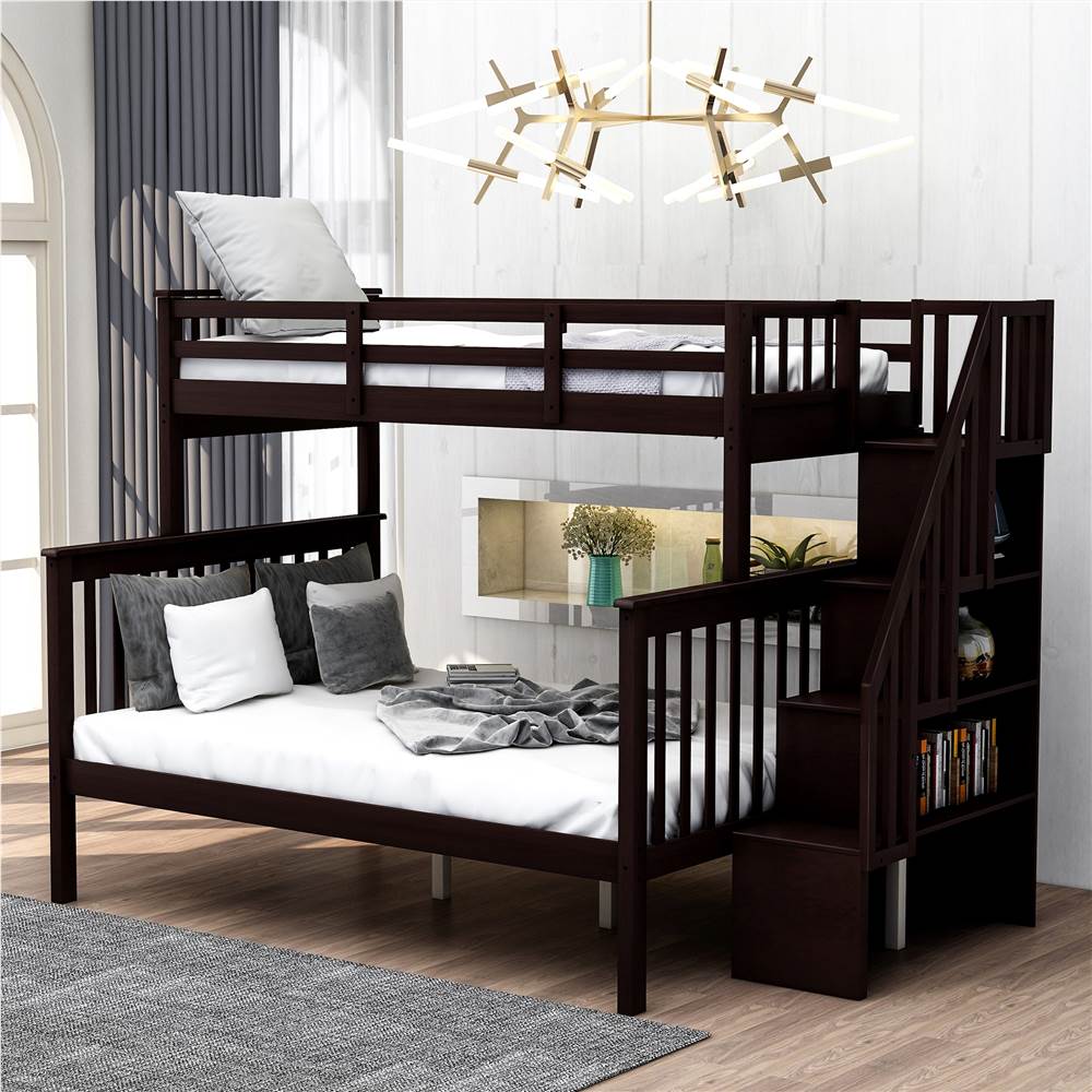 Twin-Over-Full Size Bunk Bed Frame with Storage Stairs, and Wooden Slats Support, No Spring Box Required (Frame Only) - Espresso