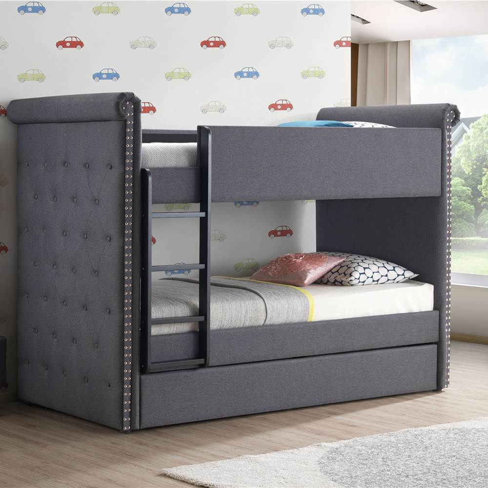 ACME Twin-Over-Twin Size Fabric Bunk Bed Frame with Trundle Bed, and Wooden Slats Support, No Spring Box Required (Frame Only) - Gray