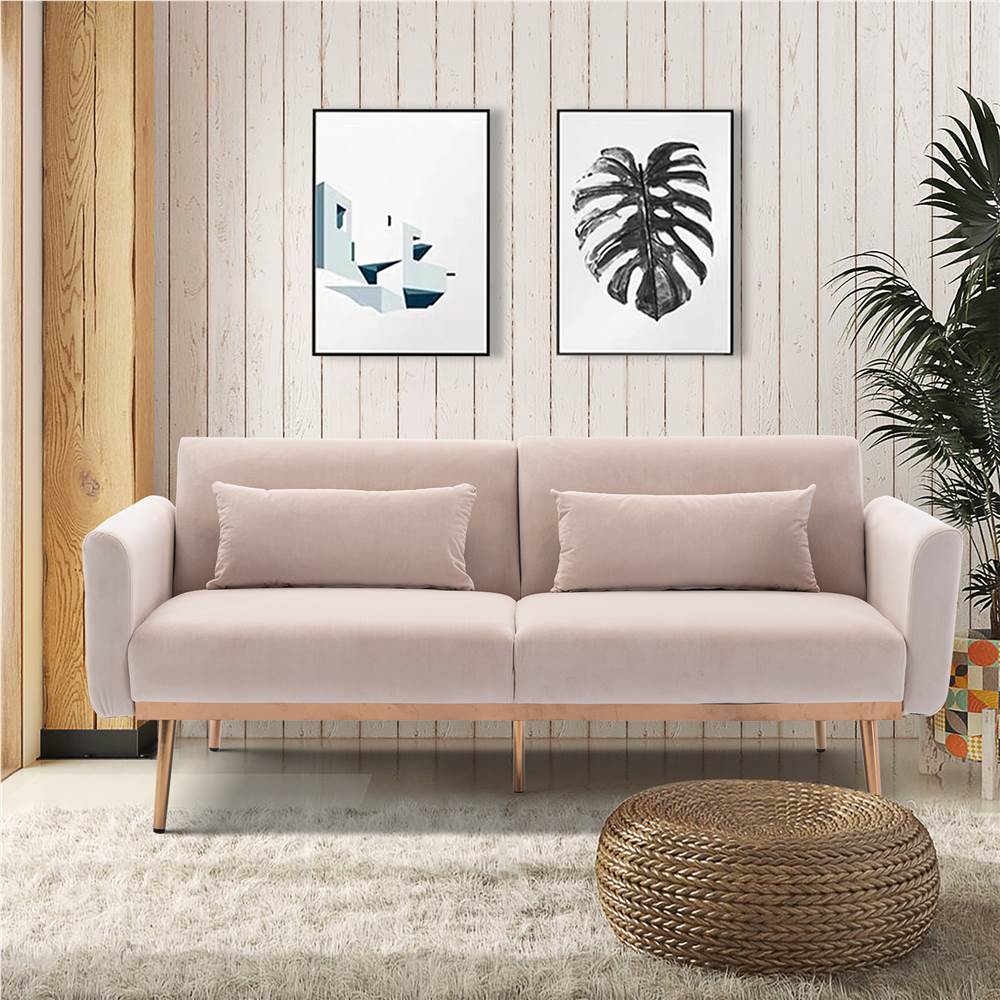 COOLMORE  2-seat Velvet Upholstered Sofa Bed with Metal Feet, and Adjustable Backrest, for Living Room, Bedroom, Office, Apartment - Beige