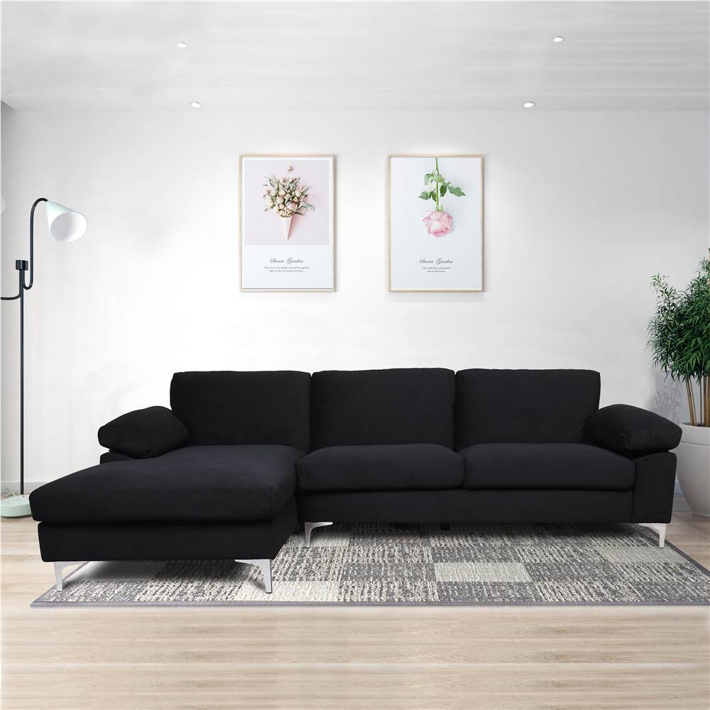 

103.5" 3-Seat Velvet Upholstered Sectional Sofa Bed with Wooden Frame and Metal Feet, for Living Room, Bedroom, Office, Apartment - Black