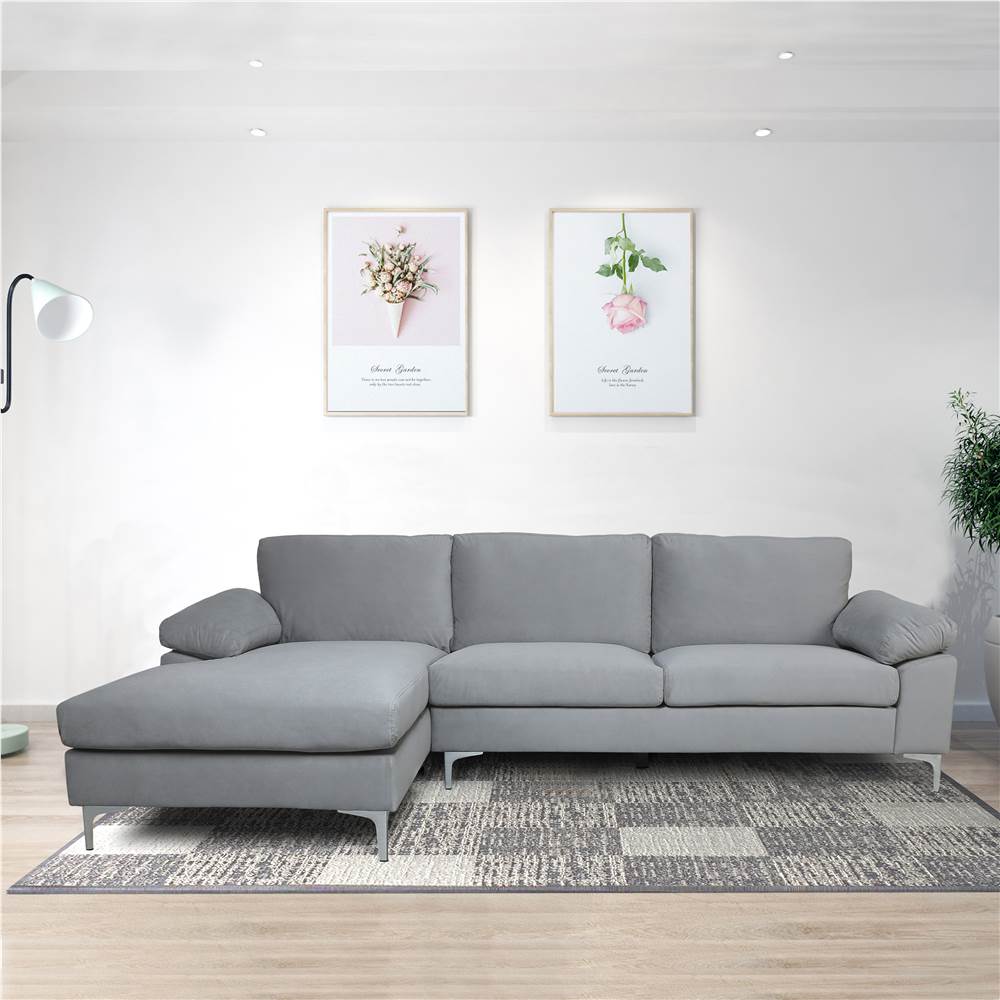 

103.5" 3-Seat Velvet Upholstered Sectional Sofa Bed with Wooden Frame and Metal Feet, for Living Room, Bedroom, Office, Apartment - Gray