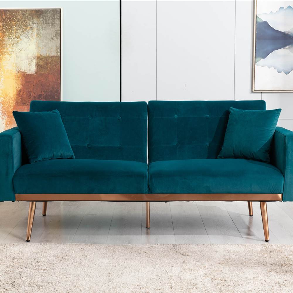 

COOLMORE 2-Seat Velvet Upholstered Sofa Bed with Metal Feet, and Adjustable Backrest, for Living Room, Bedroom, Office, Apartment - Teal