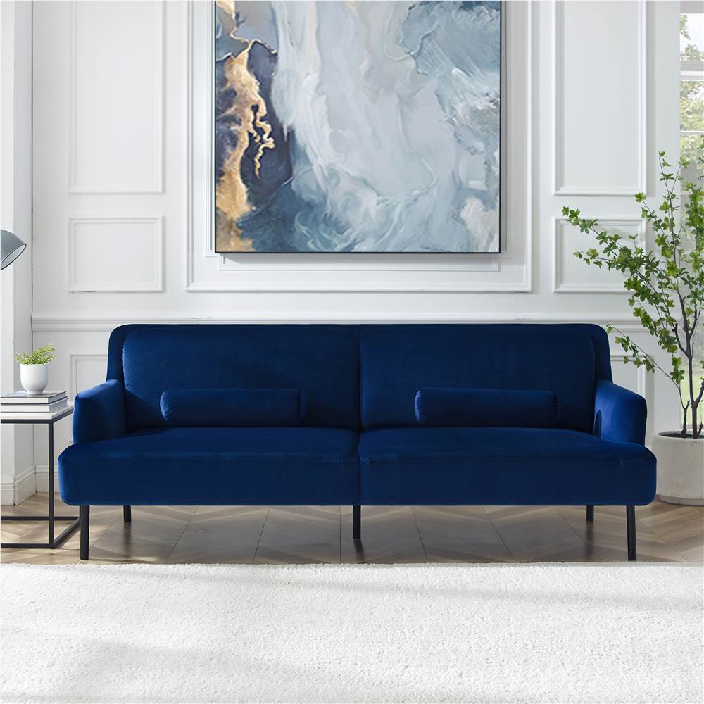 81-дюймовый 3-местный диван с обивкой из бархата с деревянной рамой, синий