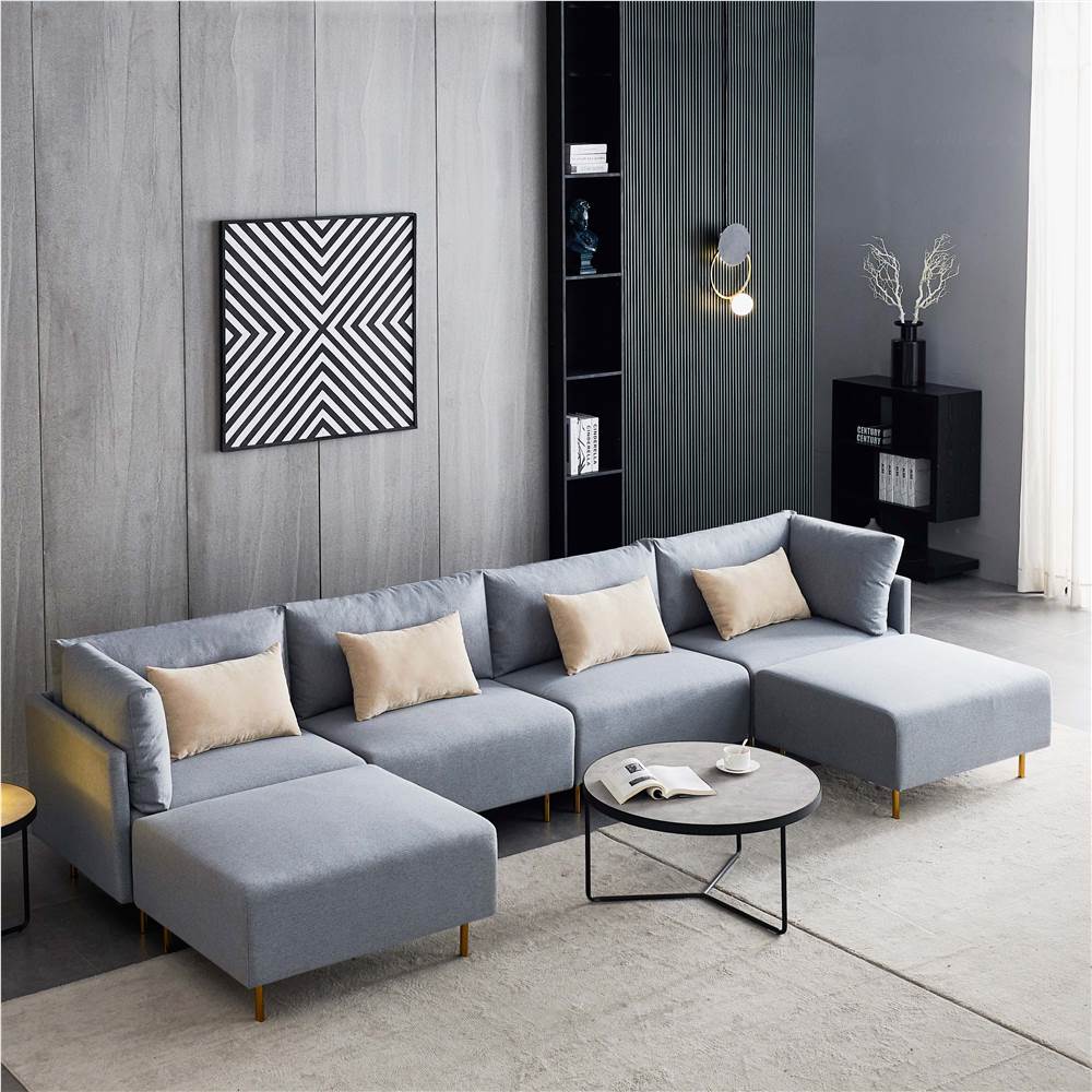 

143" 4-Seat Polyester Upholstered Sectional Sofa with 2 Ottomans and Wooden Frame, for Living Room, Bedroom, Office, Apartment - Gray
