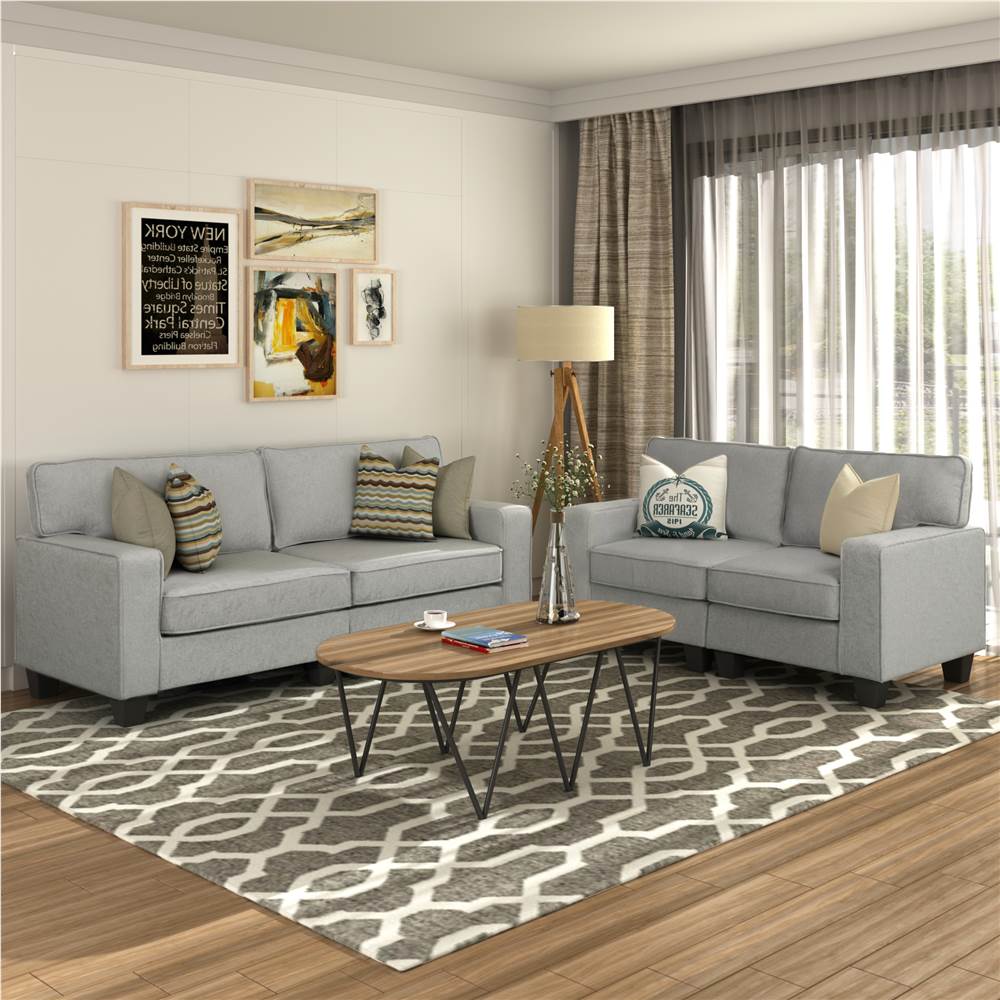 

U-STYLE 3+2-Seat Polyester Blend Sofa Set, with Solid Wood Frame and Plastic Legs, for Living Room, Bedroom, Office, Apartment - Gray