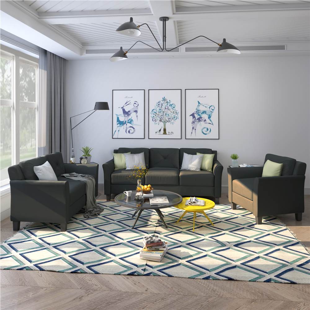U-STYLE 3 + 2 + 1-Sitzer-Sofagarnitur aus Polyester mit Holzrahmen und Kunststoffbeinen für Wohnzimmer, Schlafzimmer, Büro, Apartment - Schwarz