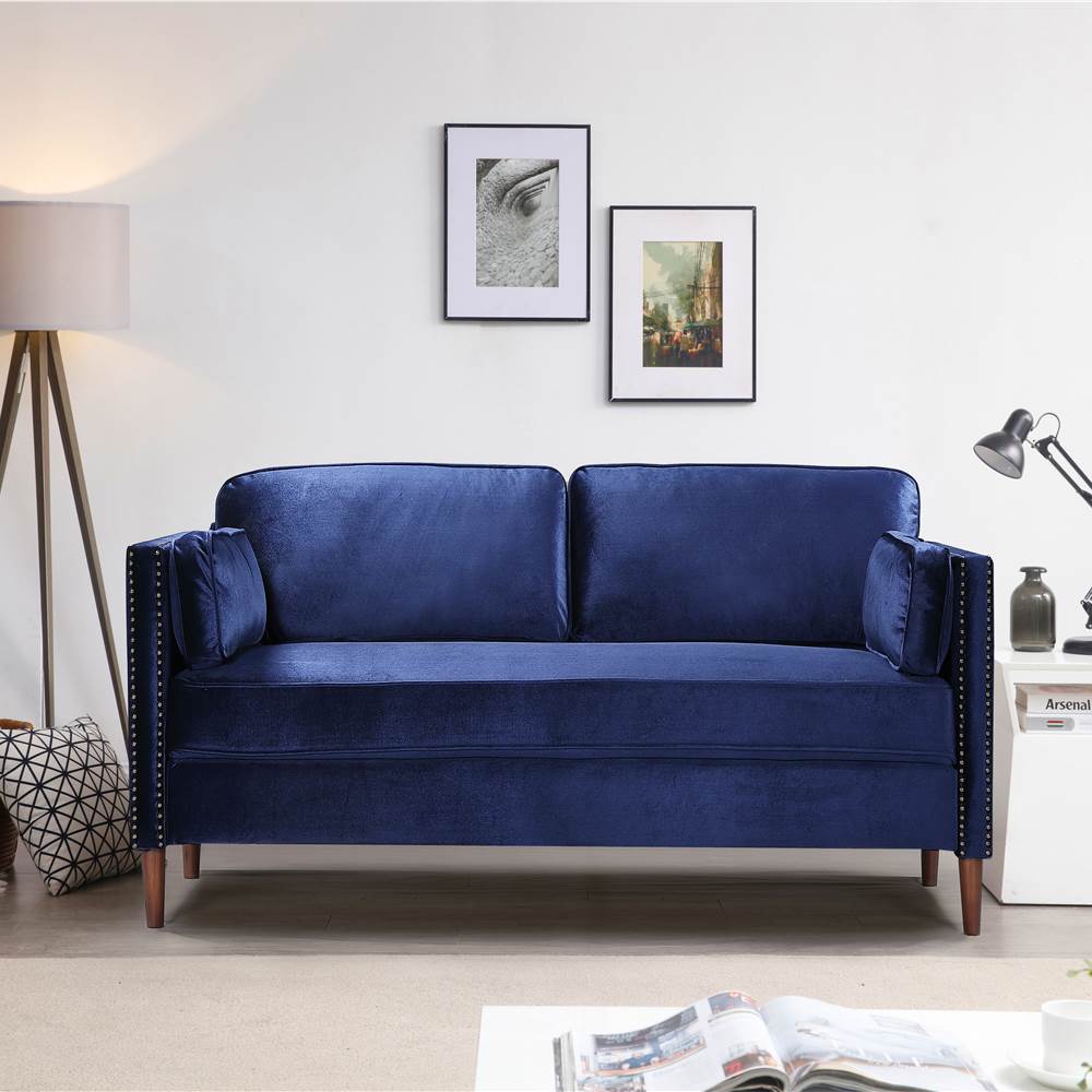 

57" 2-Seat Velvet Upholstered Sofa with Wooden Frame, for Living Room, Bedroom, Office, Apartment - Blue