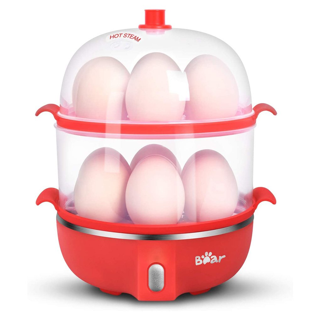 Bear Electric Egg Cooker with Measuring Cup 14 Capacity Dual-layer Steamer Design One-button Operation - Red